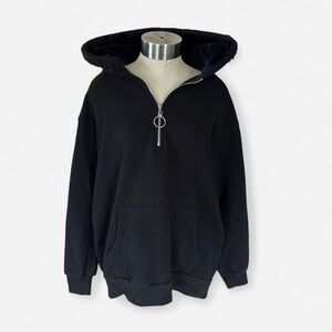 Forever 21 Black Oversized Half Zip Hoodie O Ring Zipper Fuzzy Hood Womens Small